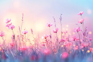 Wall Mural - Beautiful multicolored spring meadow background with delicate wild flowers and bokeh lights 