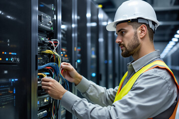 Poster - Technician is adjusting cables in a server rack while wearing a hard hat and safety vest. The setting features a modern data center with illuminated equipment