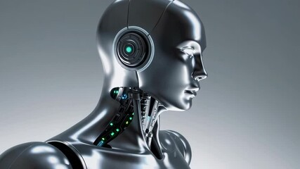 Poster - Advanced android robot revealing cutting edge technological capabilities, moving smoothly against neutral background, highlighting sleek metallic design and innovative engineering precision