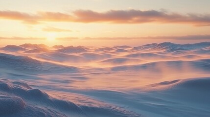 Wall Mural - Serene Winter Landscape at Sunrise with Gentle Snow-Covered Hills and Soft Colorful Sky Reflections