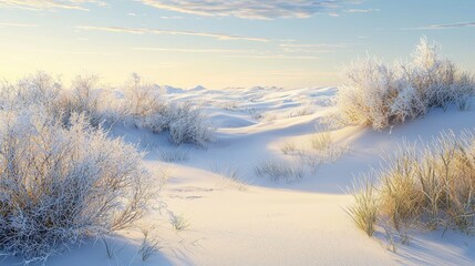 Wall Mural - Serene Winter Landscape with Frosted Dunes and Soft Light Under Clear Sky