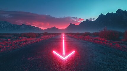 Poster - neon glowing arrows on the asphalt road passing through the desert with mountains. straight ahead wa