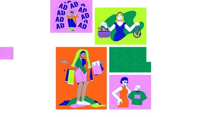 Poster - Sustainable shopping and overconsumption bento grid animation. Clutter home, fashion waste, responsible consumer collage motion 4K video web design. Animated cartoon characters collection mood board