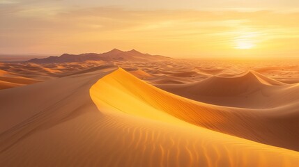 Wall Mural - Golden Sands of a Serene Desert at Sunset with Dunes Illuminated by Warm Sunlight and a Peaceful Sky Above