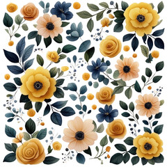 Poster - Seamless floral pattern featuring yellow and blue flowers on a light background for design use isolated on transparent background..
