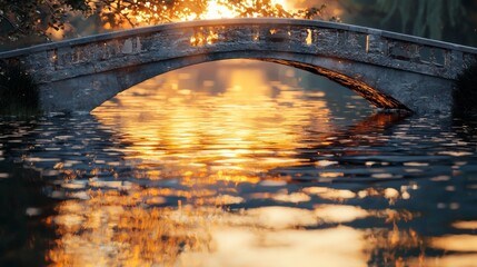 Wall Mural - Tranquil sunset view over a serene water surface reflecting an elegant stone bridge in a peaceful natural setting