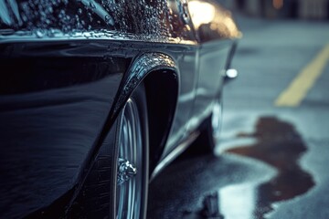 Poster - A black car is parked on the side of the road, possibly broken down or awaiting repairs