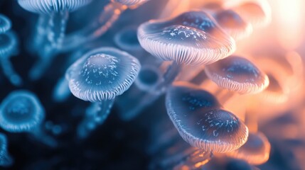 Poster - A detailed view of a cluster of mushrooms, ideal for use in nature-themed designs or illustrations