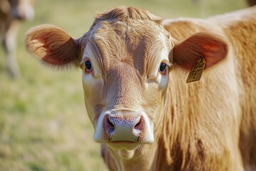 Poster - A close-up shot of a brown cow grazing in a green field