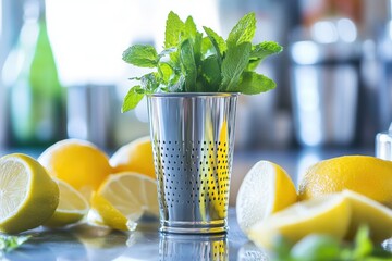Poster - A close-up shot of a metal cup filled with fresh lemons and mint leaves