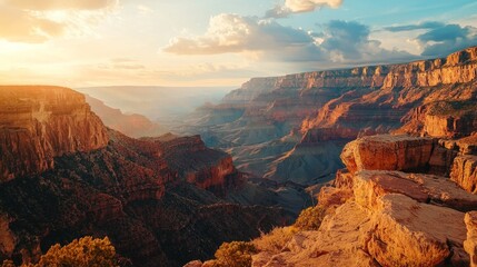 Wall Mural - Breathtaking sunset view over vast canyon landscape with dramatic rock formations and colorful skies in warm golden light