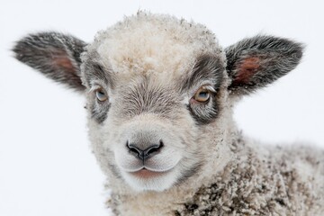 Aufkleber - A close-up shot of a sheep standing in the snow, with its woolly coat and peaceful expression