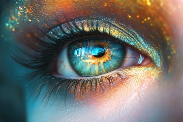 Poster - A close-up shot of an eye with glitter applied, suitable for use in fashion or beauty editorial content
