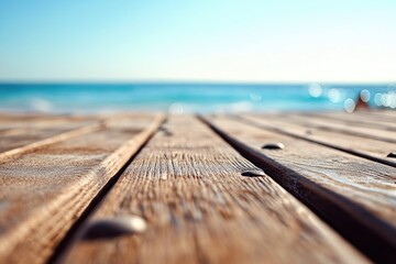 Poster - Close-up shot of a wooden floor with ocean views in the background