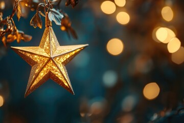 Poster - A golden star ornament hangs from a tree branch