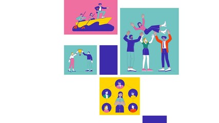 Poster - Leadership and teamwork for success bento grid animation. Corporate collaboration, motivation, goal achievement collage motion 4K video web design. Animated cartoon characters collection mood board