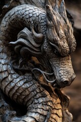 Poster - A detailed view of a dragon's head and neck from a statue, suitable for fantasy or mythology-themed designs
