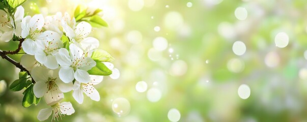 Spring background with white flowers on a blurred green spring nature scene, a blooming tree branch with delicate blossoms, a bokeh effect. A banner design. Springtime concept. 