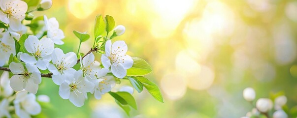 Spring background with white flowers on a blurred green spring nature scene, a blooming tree branch with delicate blossoms, a bokeh effect. A banner design. Springtime concept. 