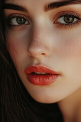 Poster - Close-up shot of a woman's face with bold red lipstick, ideal for use in beauty or fashion contexts