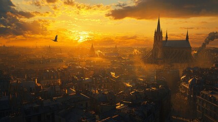 Wall Mural - Breathtaking Sunset Over Historic City Skyline Featuring Gothic Architecture and Silhouetted Towers