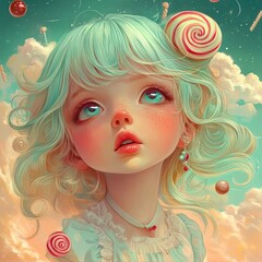 Poster - A young girl holding a colorful lollipop on top of her head