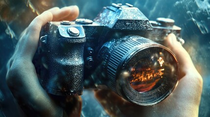 Poster - A person holds a camera under the rain