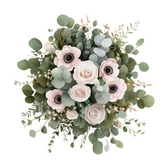 Poster - Bouquet of pink roses with eucalyptus leaves on a white background isolated on transparent background..