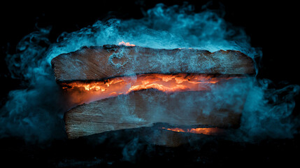 Poster - Burning wood with embers and smoke background for atmospheric designs