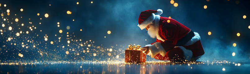 Poster - Santa Claus opening a magical Christmas present