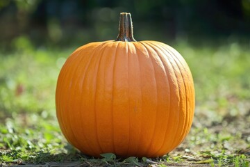 Wall Mural - A small orange pumpkin resting on lush green grass