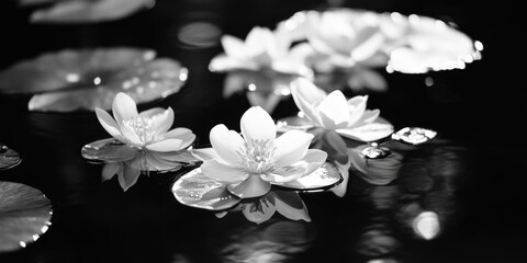 Aufkleber - Black and white image of water lilies floating on the surface of a pond