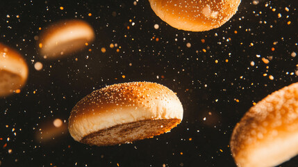 Aufkleber - Floating burger buns on dark background with light brown tones for food design projects