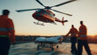 © A2Z AI  - Medical evacuation helicopter arriving with patient on gurney. Emergency medical personnel stand by as rotorcraft lands in hospital roof. Evening sun sets in background.