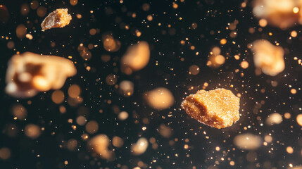 Poster - Cookie crumbs floating in warm light for creative background design