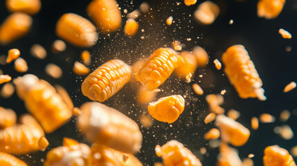 Poster - Floating corn kernels on yellow backdrop for food art and decoration
