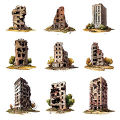 Poster - Set of six distinct buildings with unique shapes against a clear blue sky isolated on transparent background..