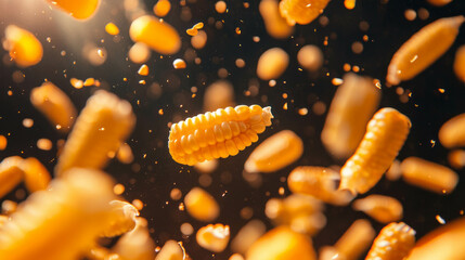 Poster - Floating corn kernels on a bright background for food and harvest themes