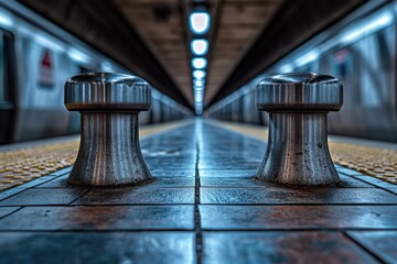 Poster - A subway platform with two metal stop lights