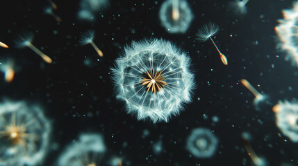 Aufkleber - Tranquil scene of drifting dandelion seeds on a soft blurred background