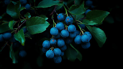 Aufkleber - Dark blue sloe berries on branch with lush green leaves in natural background