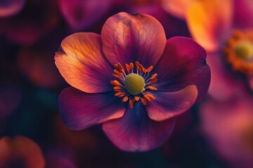 Poster - A close-up shot of a purple flower featuring a bright yellow center, ideal for use in designs and illustrations where floral elements are required