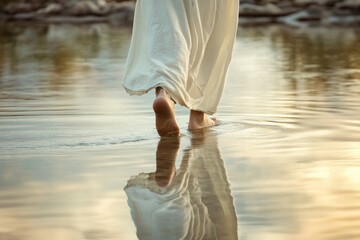 Poster - A woman in a white dress is wading through calm waters, perfect for editorial or commercial use