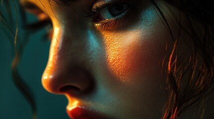 Poster - Close-up shot of a woman's face with sunlight reflecting off her features, great for use in beauty or lifestyle images