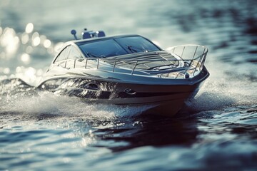 Poster - A small toy boat gliding across the surface of the water, perfect for use in illustrations about childhood, leisure activities or summer fun