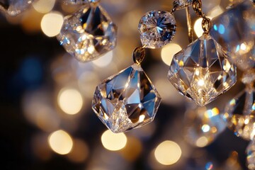 Poster - A close-up shot of a chandelier with lights shining in the background, suitable for decorating or interior design scenes