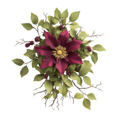 Poster - Flower with vibrant red blooms surrounded by lush green leaves in a natural setting isolated on transparent background..