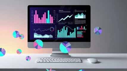 Aufkleber - Colorful pie charts floating around a computer monitor displaying various financial data visualizations, creating a dynamic representation of market analysis and business growth