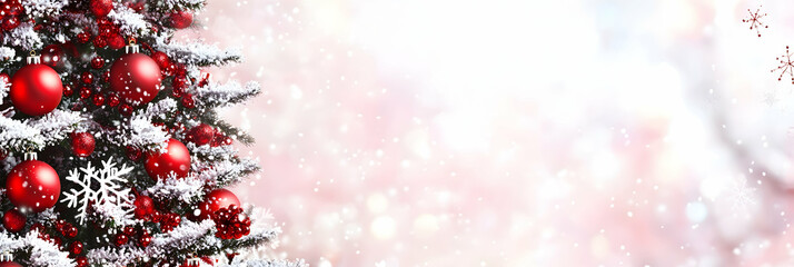 Poster - Christmas tree with red ornaments and snowflakes on a blurred background