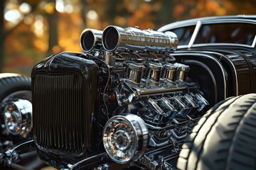 Poster - Close-up shot of a car engine with a car in the background, ideal for automotive or vehicle-related uses